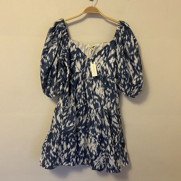 Anthropologie Blue Tassel Dress Mini Puff Sleeve XS Cottagecore Tiered Boho Stai - Picture 1 of 9